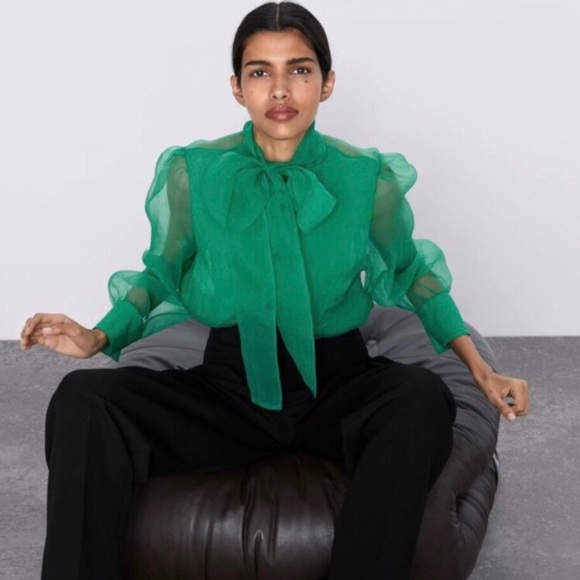 Zara green sheet organza blouse pussy bow dramatic chic S - Picture 12 of 12